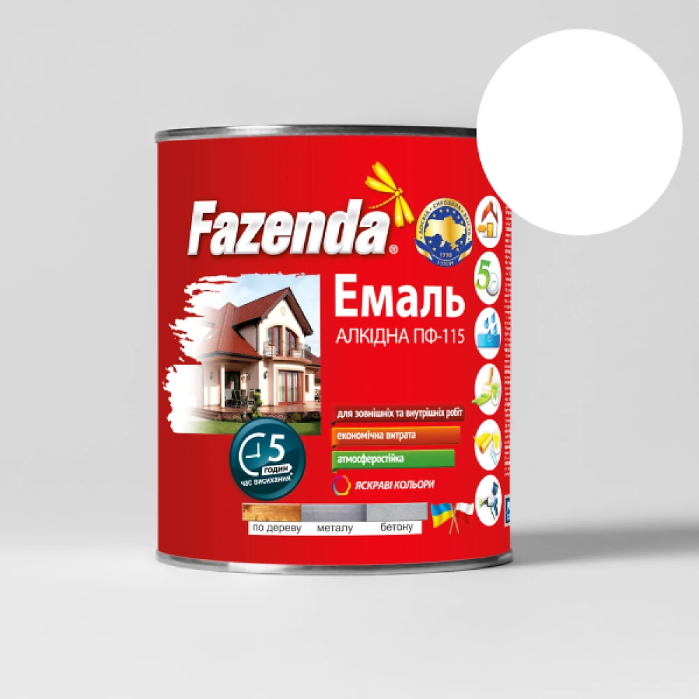 Краска FAZENDA 2,8 кг белая (эмаль алкидная ПФ-115 по металлу и дереву)
