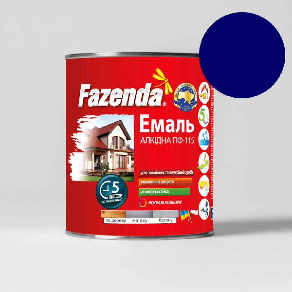 Краска FAZENDA 0.9кг синяя (эмаль алкидная ПФ-115 по металлу и дереву)