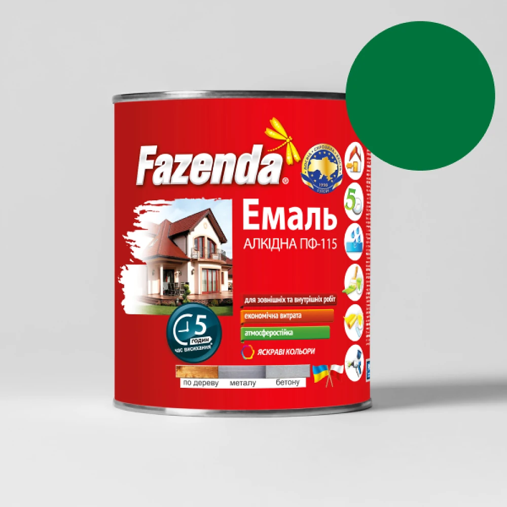 Краска FAZENDA 0.9кг зеленая (эмаль алкидная ПФ-115 по металлу и дереву)