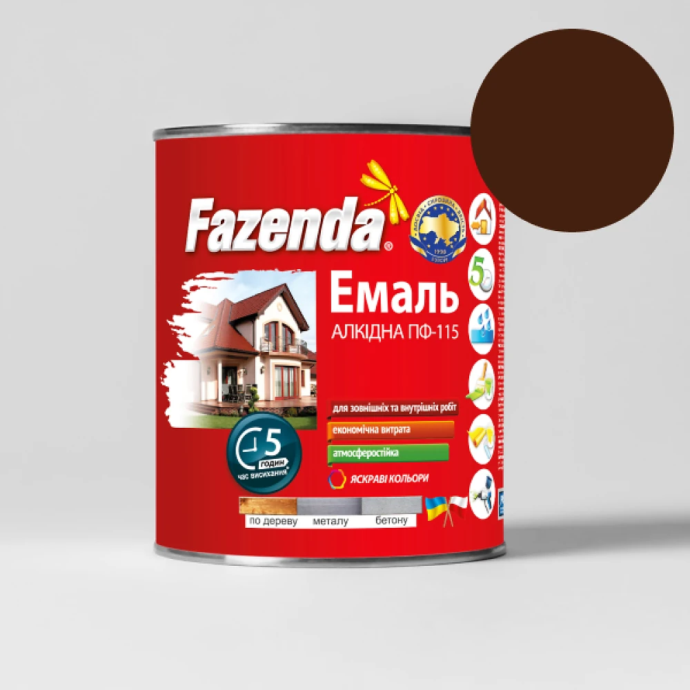 Краска FAZENDA 0.9кг коричневая (эмаль алкидная ПФ-115 по металлу и дереву)