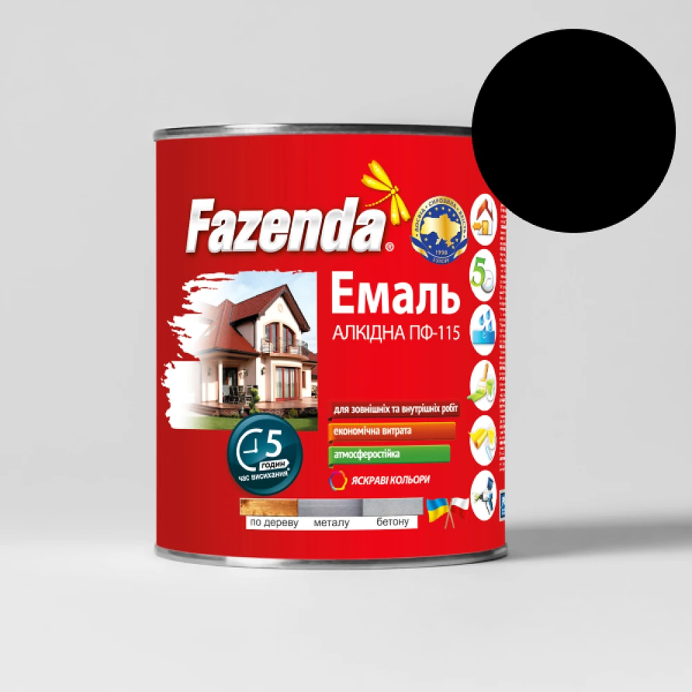 Краска FAZENDA 0.9кг черная (эмаль алкидная ПФ-115 по металлу и дереву)