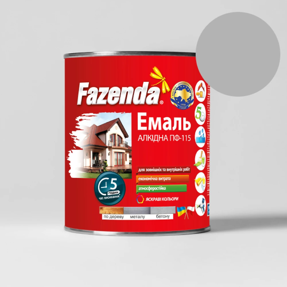 Краска FAZENDA 2,8 кг светло-серая (эмаль алкидная ПФ-115 по металлу и дереву)