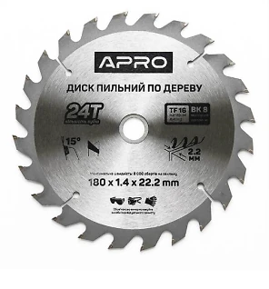 Диск пильний по дереву 180*22,2мм(24T) з твердосплавної напайкою APRO 830133