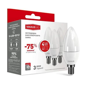 Лампа светодиодная свеча 4Вт  220В Е14 4100K Maxus 3-LED-5312 (набор 3шт) (гарантия три года)