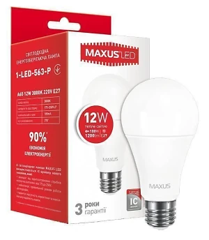 Лампа светодиодная  12Вт  220В Е27 3000K Maxus' 1-LED-563-Р(гарантия три года)